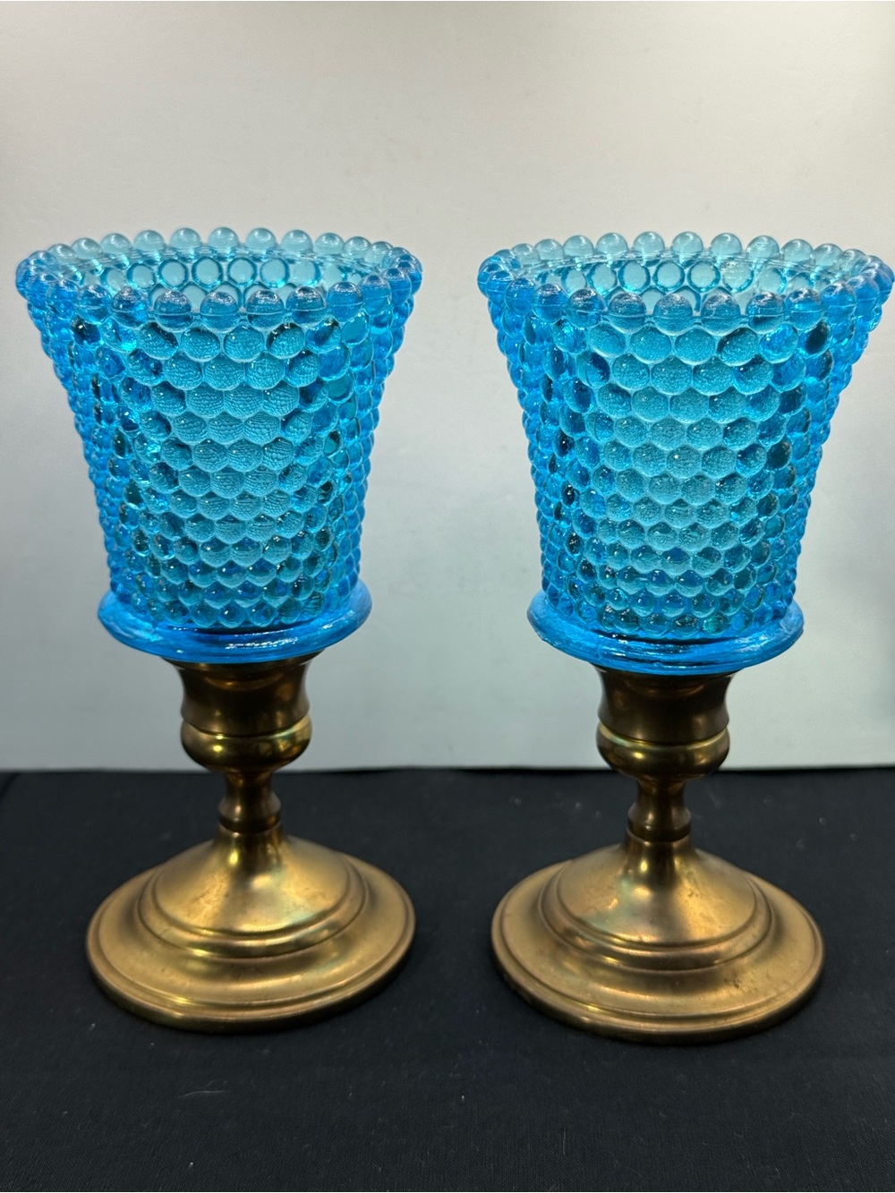 Stunning Glow! Vintage Aqua Blue HOMCO Hobnail Peg Votive Candle Cups - Set of 2
